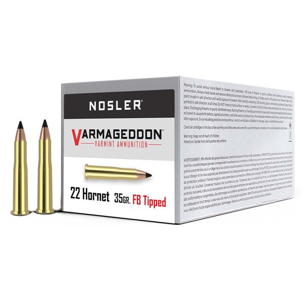 NOSLER VARMAGEDDON .22 HORNET 35 GRAIN FLAT BASE TIPPED BRASS CASED CENTERFIRE RIFLE AMMUNITION 41132 CALIBER: .22 HORNET, NUMBER OF ROUNDS: 500