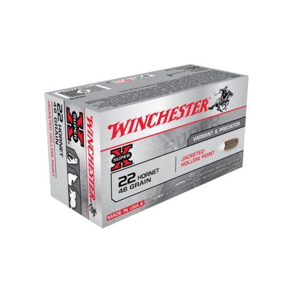 WINCHESTER SUPER-X RIFLE .22 HORNET 46 GRAIN JACKETED HOLLOW POINT CENTERFIRE RIFLE AMMUNITION X22H2 CALIBER: .22 HORNET, NUMBER OF ROUNDS: 500